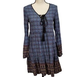 CieL USA Bohemian Blue Multicolor Long Sleeve Dress Small